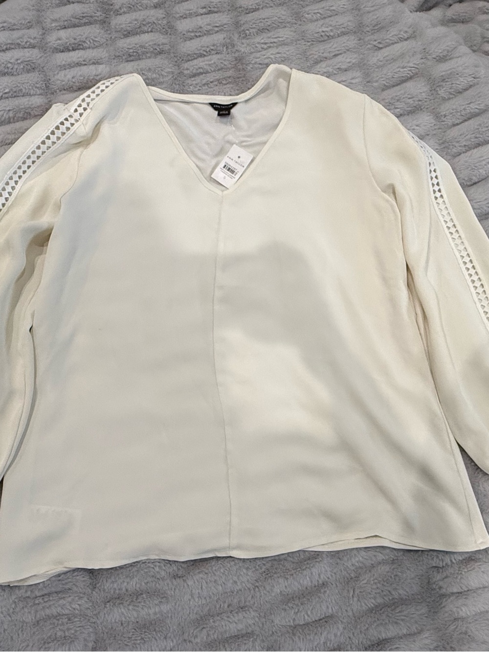 Ann Taylor Cream V-Neck Blouse with Lace-Trim Sleeves
